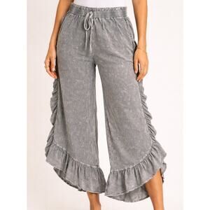 J. HER Wide-Leg Ruffle Pants Drawstring Elastic Waist Solid Womens Small Tie Dye